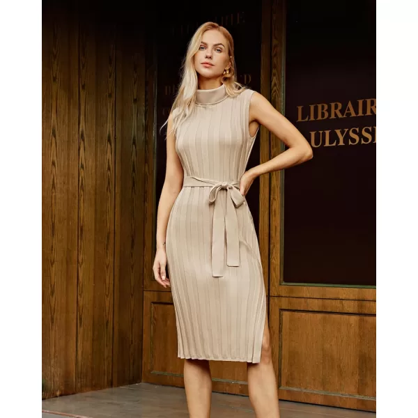 GRACE KARIN Women 2024 Fall Sweater Dress Ribbed Knit Sleeveless Turtleneck Side Slit Bodycon Midi Sweater DressesApricot