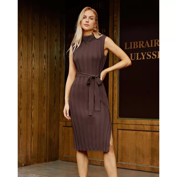 GRACE KARIN Women 2024 Fall Sweater Dress Ribbed Knit Sleeveless Turtleneck Side Slit Bodycon Midi Sweater DressesCoffee