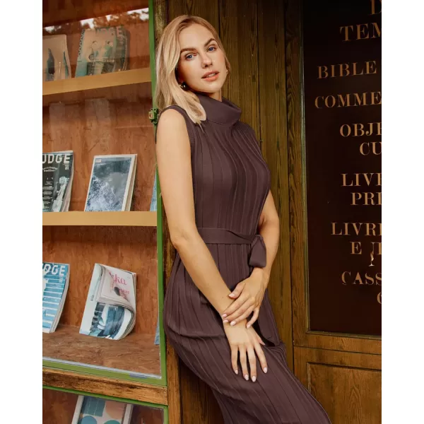 GRACE KARIN Women 2024 Fall Sweater Dress Ribbed Knit Sleeveless Turtleneck Side Slit Bodycon Midi Sweater DressesCoffee