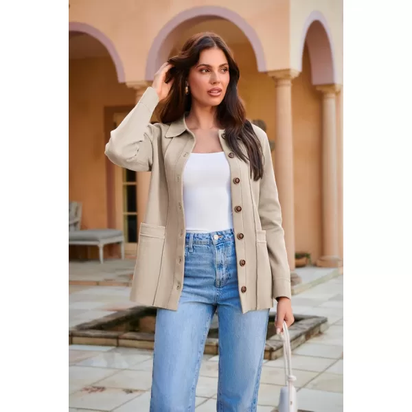 GRACE KARIN Women Casual Cardigan Knit Button Down Shirts Long Sleeve Shacket Jacket with PocketsApricot