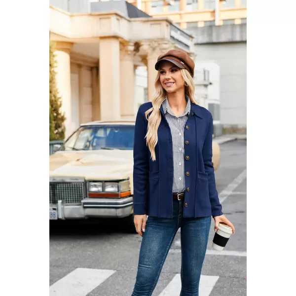 GRACE KARIN Women Casual Cardigan Knit Button Down Shirts Long Sleeve Shacket Jacket with PocketsNavy Blue
