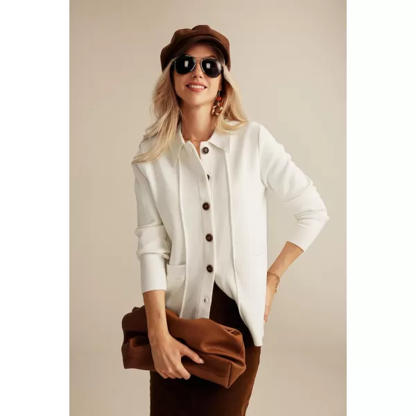 GRACE KARIN Women Casual Cardigan Knit Button Down Shirts Long Sleeve Shacket Jacket with PocketsWhite