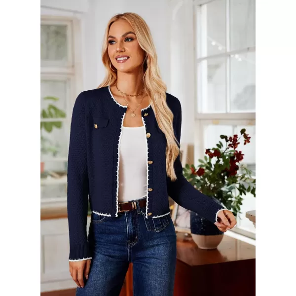 GRACE KARIN Womens Cardigans 2024 Button Down Knit Sweater Contrast Color Lightweight Lady Jackets Fall OutfitsNavy Blue