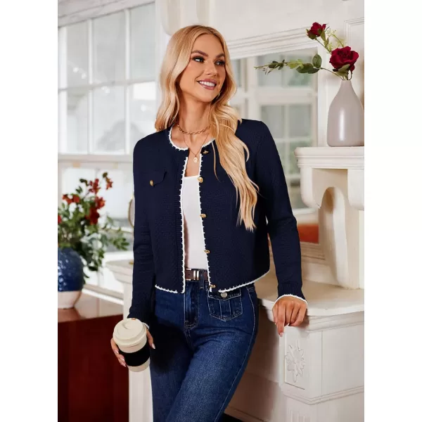 GRACE KARIN Womens Cardigans 2024 Button Down Knit Sweater Contrast Color Lightweight Lady Jackets Fall OutfitsNavy Blue
