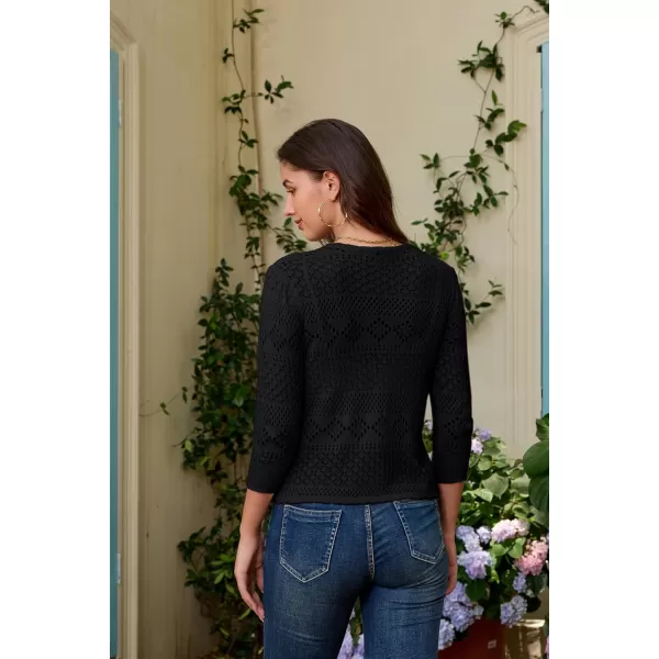 GRACE KARIN Womens Cardigans 34 Sleeve Open Front Cropped Cardigan Hollow Out Knit Shrugs for 2024 SummerBlack