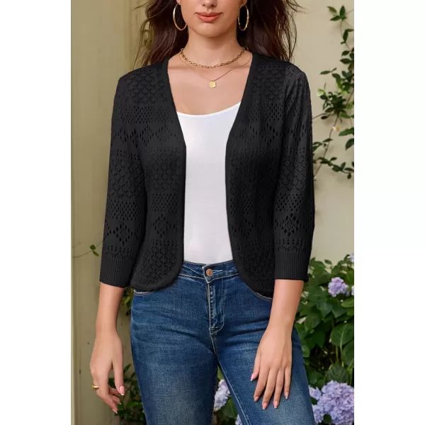 GRACE KARIN Womens Cardigans 34 Sleeve Open Front Cropped Cardigan Hollow Out Knit Shrugs for 2024 SummerBlack