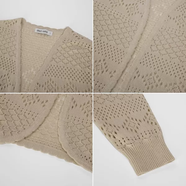GRACE KARIN Womens Cardigans 34 Sleeve Open Front Cropped Cardigan Hollow Out Knit Shrugs for 2024 SummerDark Apricot