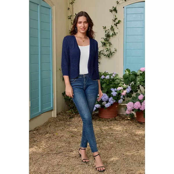 GRACE KARIN Womens Cardigans 34 Sleeve Open Front Cropped Cardigan Hollow Out Knit Shrugs for 2024 SummerDark Blue