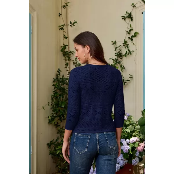 GRACE KARIN Womens Cardigans 34 Sleeve Open Front Cropped Cardigan Hollow Out Knit Shrugs for 2024 SummerDark Blue