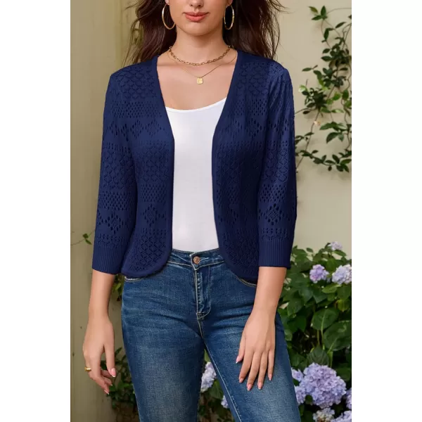 GRACE KARIN Womens Cardigans 34 Sleeve Open Front Cropped Cardigan Hollow Out Knit Shrugs for 2024 SummerDark Blue