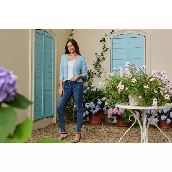GRACE KARIN Womens Cardigans 34 Sleeve Open Front Cropped Cardigan Hollow Out Knit Shrugs for 2024 SummerLight Blue