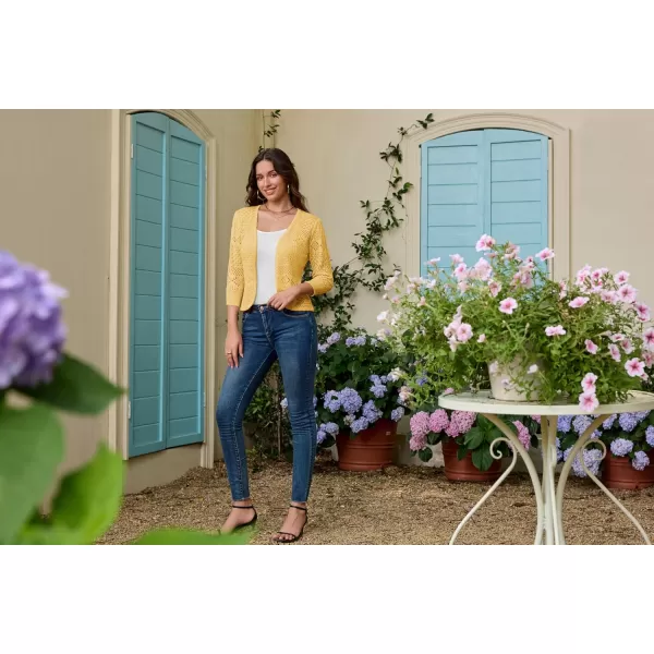 GRACE KARIN Womens Cardigans 34 Sleeve Open Front Cropped Cardigan Hollow Out Knit Shrugs for 2024 SummerLight Yellow
