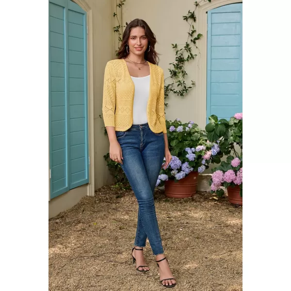 GRACE KARIN Womens Cardigans 34 Sleeve Open Front Cropped Cardigan Hollow Out Knit Shrugs for 2024 SummerLight Yellow