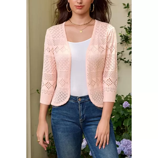 GRACE KARIN Womens Cardigans 34 Sleeve Open Front Cropped Cardigan Hollow Out Knit Shrugs for 2024 SummerPink