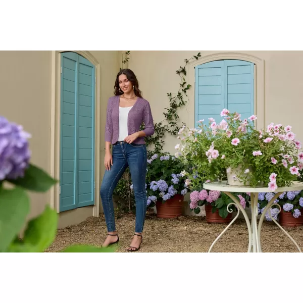 GRACE KARIN Womens Cardigans 34 Sleeve Open Front Cropped Cardigan Hollow Out Knit Shrugs for 2024 SummerPurple