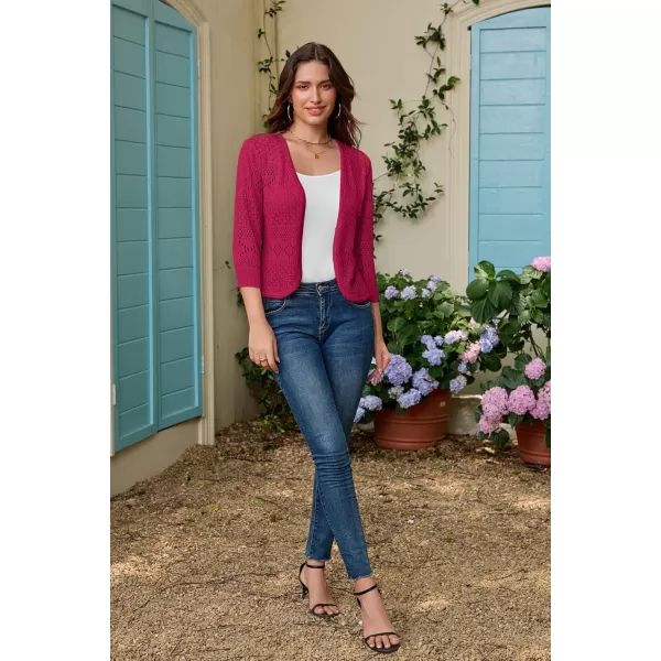 GRACE KARIN Womens Cardigans 34 Sleeve Open Front Cropped Cardigan Hollow Out Knit Shrugs for 2024 SummerRose Red
