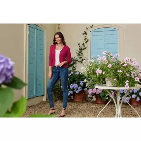 GRACE KARIN Womens Cardigans 34 Sleeve Open Front Cropped Cardigan Hollow Out Knit Shrugs for 2024 SummerRose Red