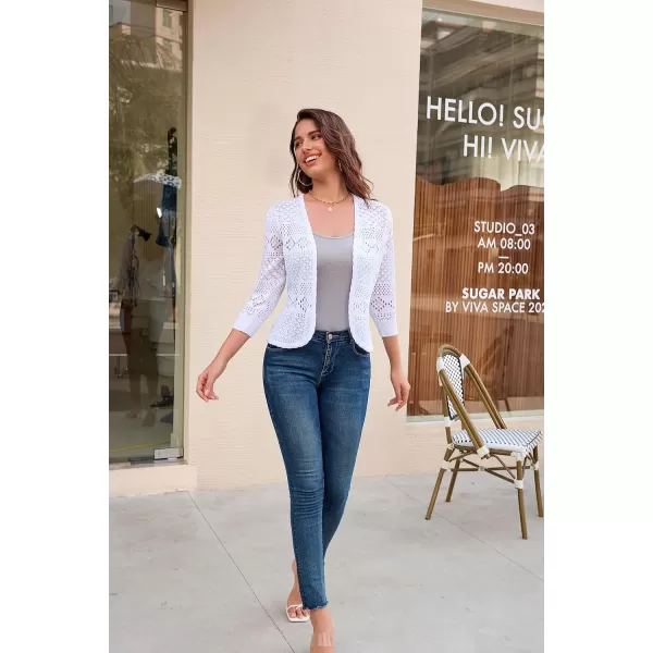 GRACE KARIN Womens Cardigans 34 Sleeve Open Front Cropped Cardigan Hollow Out Knit Shrugs for 2024 SummerWhite