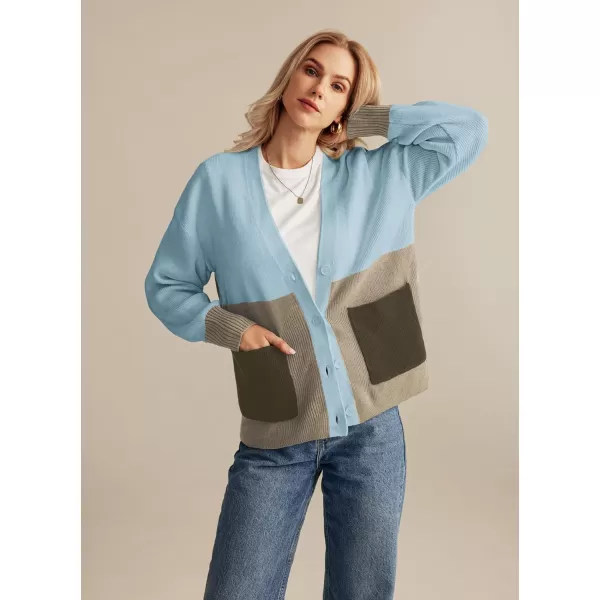 GRACE KARIN Womens Color Block Cardigan Sweater Long Sleeve Oversized Buttons Cardigans 2024 Fall Outfits with PocketsGray Blue