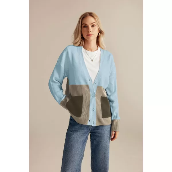 GRACE KARIN Womens Color Block Cardigan Sweater Long Sleeve Oversized Buttons Cardigans 2024 Fall Outfits with PocketsGray Blue