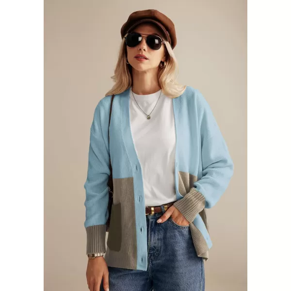 GRACE KARIN Womens Color Block Cardigan Sweater Long Sleeve Oversized Buttons Cardigans 2024 Fall Outfits with PocketsGray Blue