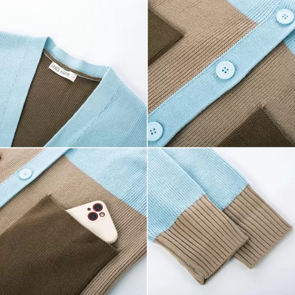 GRACE KARIN Womens Color Block Cardigan Sweater Long Sleeve Oversized Buttons Cardigans 2024 Fall Outfits with PocketsGray Blue