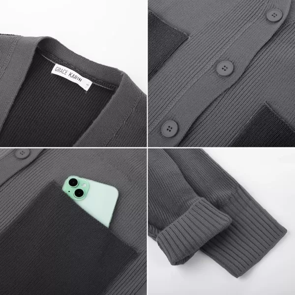 GRACE KARIN Womens Color Block Cardigan Sweater Long Sleeve Oversized Buttons Cardigans 2024 Fall Outfits with PocketsLight Gray