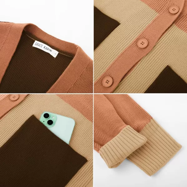 GRACE KARIN Womens Color Block Cardigan Sweater Long Sleeve Oversized Buttons Cardigans 2024 Fall Outfits with PocketsOrange