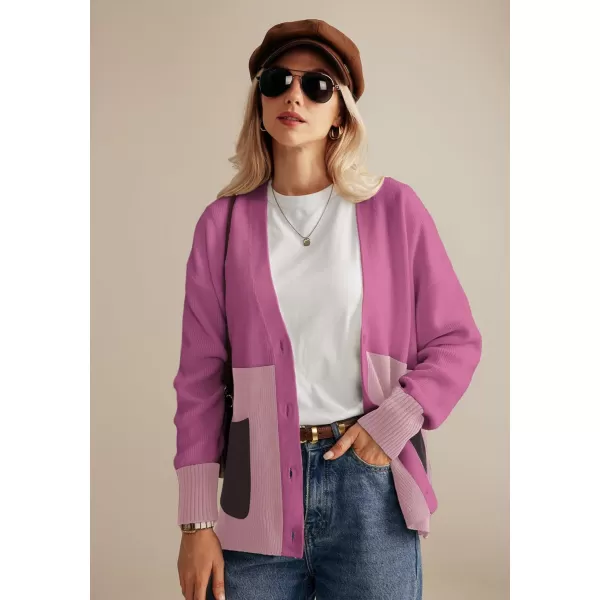 GRACE KARIN Womens Color Block Cardigan Sweater Long Sleeve Oversized Buttons Cardigans 2024 Fall Outfits with PocketsPurple