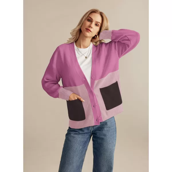 GRACE KARIN Womens Color Block Cardigan Sweater Long Sleeve Oversized Buttons Cardigans 2024 Fall Outfits with PocketsPurple