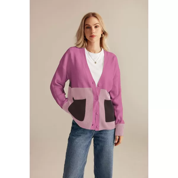 GRACE KARIN Womens Color Block Cardigan Sweater Long Sleeve Oversized Buttons Cardigans 2024 Fall Outfits with PocketsPurple