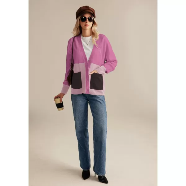 GRACE KARIN Womens Color Block Cardigan Sweater Long Sleeve Oversized Buttons Cardigans 2024 Fall Outfits with PocketsPurple