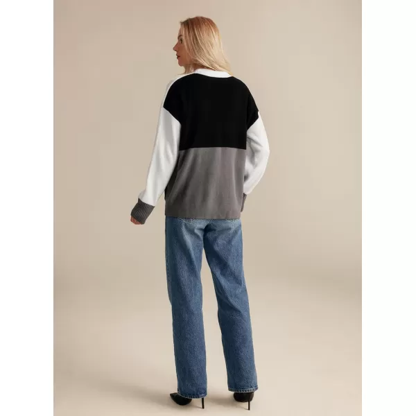 GRACE KARIN Womens Color Block Cardigan Sweater Long Sleeve Oversized Buttons Cardigans 2024 Fall Outfits with PocketsWhite