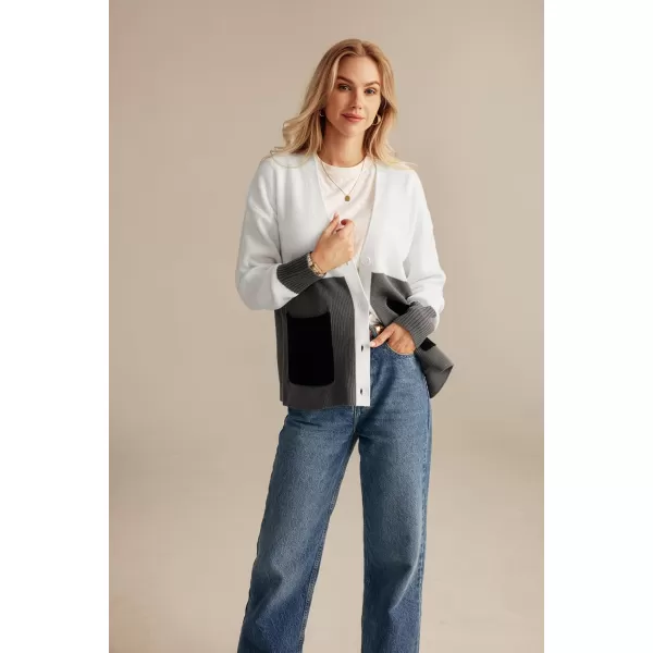 GRACE KARIN Womens Color Block Cardigan Sweater Long Sleeve Oversized Buttons Cardigans 2024 Fall Outfits with PocketsWhite