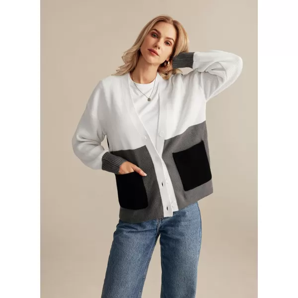 GRACE KARIN Womens Color Block Cardigan Sweater Long Sleeve Oversized Buttons Cardigans 2024 Fall Outfits with PocketsWhite