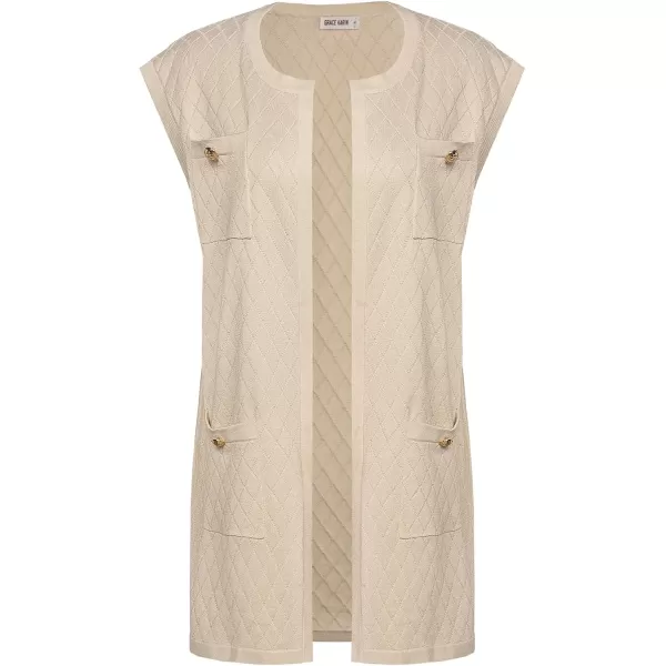 GRACE KARIN Womens Long Knit Sweater Vest Sleeveless Open Front Cardigan Elegant Ladie Sweater Jacket with PocketsKhaki