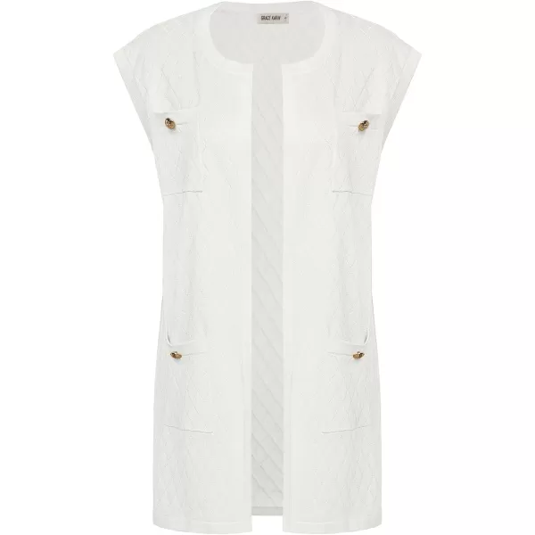 GRACE KARIN Womens Long Knit Sweater Vest Sleeveless Open Front Cardigan Elegant Ladie Sweater Jacket with PocketsWhite