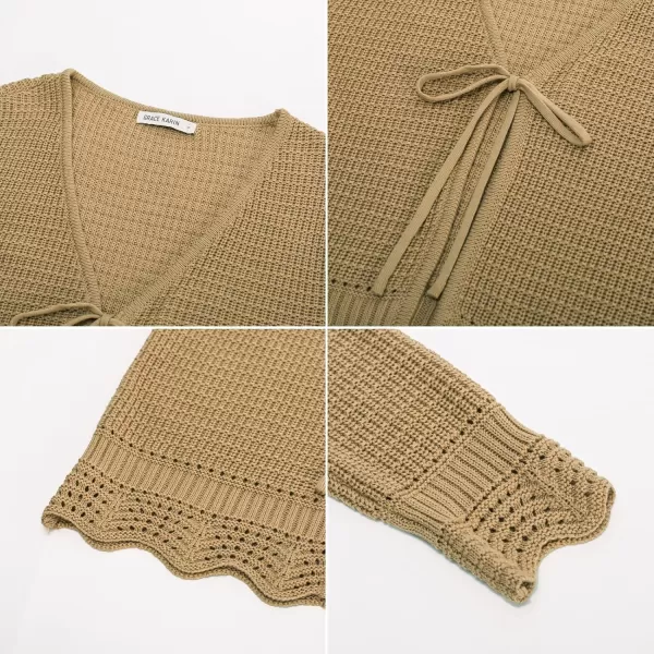 GRACE KARIN Womens Long Sleeve Cardigan Tie Front V Neck Crochet Lightweight Shrug Sweaters for Dresses Knit TopApricot
