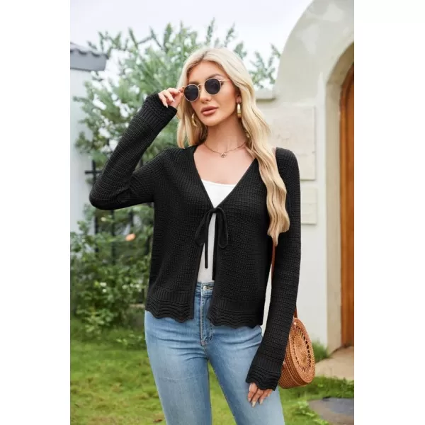 GRACE KARIN Womens Long Sleeve Cardigan Tie Front V Neck Crochet Lightweight Shrug Sweaters for Dresses Knit TopBlack