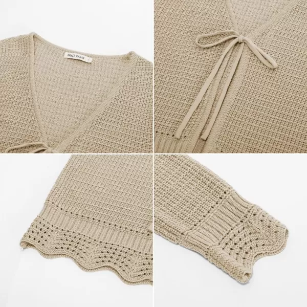 GRACE KARIN Womens Long Sleeve Cardigan Tie Front V Neck Crochet Lightweight Shrug Sweaters for Dresses Knit TopDark Apricot