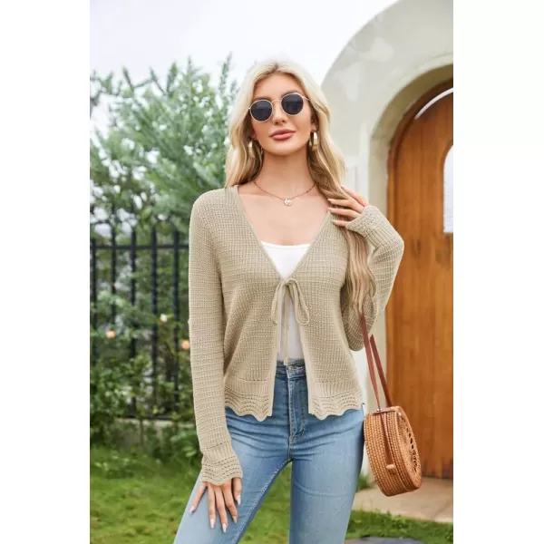 GRACE KARIN Womens Long Sleeve Cardigan Tie Front V Neck Crochet Lightweight Shrug Sweaters for Dresses Knit TopDark Apricot