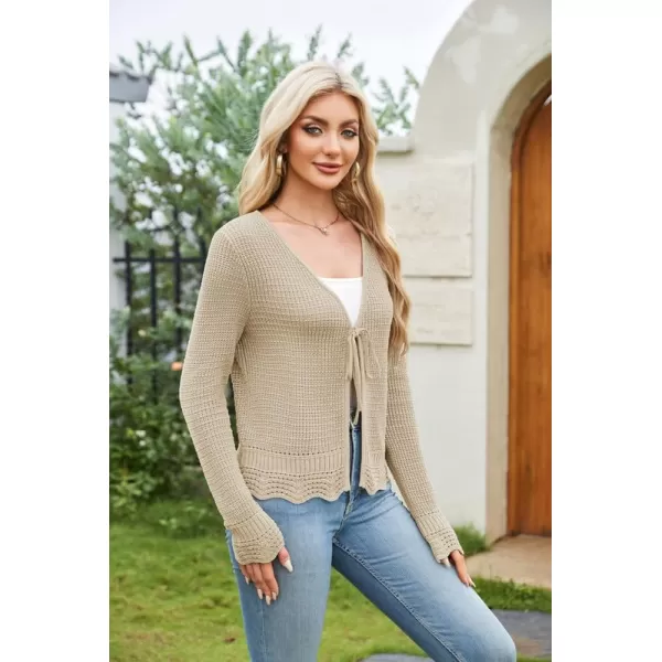GRACE KARIN Womens Long Sleeve Cardigan Tie Front V Neck Crochet Lightweight Shrug Sweaters for Dresses Knit TopDark Apricot