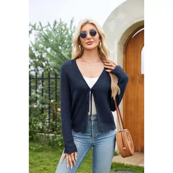 GRACE KARIN Womens Long Sleeve Cardigan Tie Front V Neck Crochet Lightweight Shrug Sweaters for Dresses Knit TopDark Blue