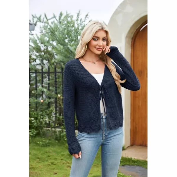 GRACE KARIN Womens Long Sleeve Cardigan Tie Front V Neck Crochet Lightweight Shrug Sweaters for Dresses Knit TopDark Blue