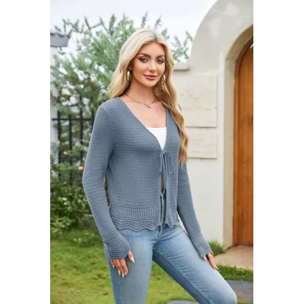 GRACE KARIN Womens Long Sleeve Cardigan Tie Front V Neck Crochet Lightweight Shrug Sweaters for Dresses Knit TopDenim Blue