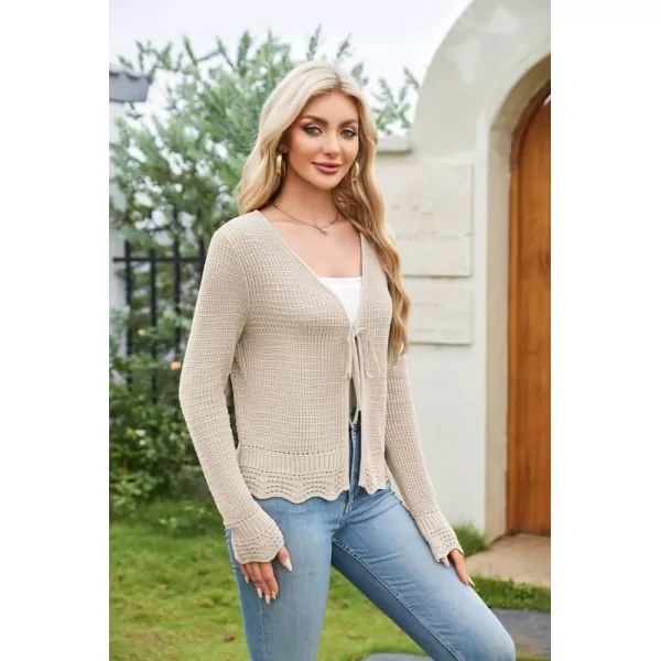 GRACE KARIN Womens Long Sleeve Cardigan Tie Front V Neck Crochet Lightweight Shrug Sweaters for Dresses Knit TopLight Apricot