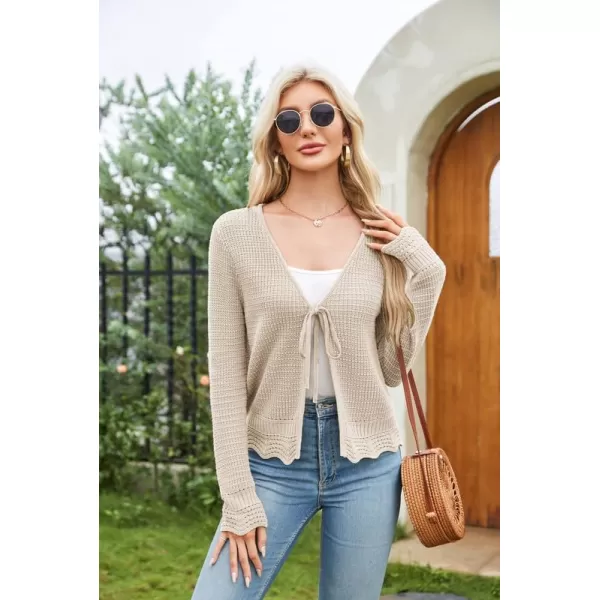 GRACE KARIN Womens Long Sleeve Cardigan Tie Front V Neck Crochet Lightweight Shrug Sweaters for Dresses Knit TopLight Apricot