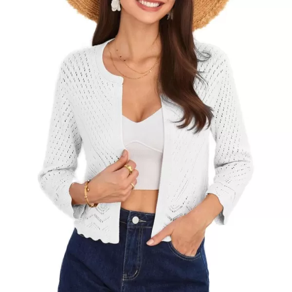 GRACE KARIN 2024 Womens 34 Sleeve Crew Neck HollowedOut Lightweight Cardigan Sweaters Open Front Cropped CardiganBright White