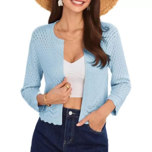 GRACE KARIN 2024 Womens 34 Sleeve Crew Neck HollowedOut Lightweight Cardigan Sweaters Open Front Cropped CardiganLight Blue