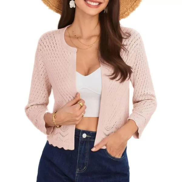 GRACE KARIN 2024 Womens 34 Sleeve Crew Neck HollowedOut Lightweight Cardigan Sweaters Open Front Cropped CardiganLight Pink